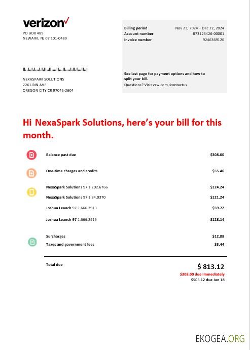 Modèle de facture de services publics pour les entreprises de télécommunications USA Verizon aux formats Word et PDF